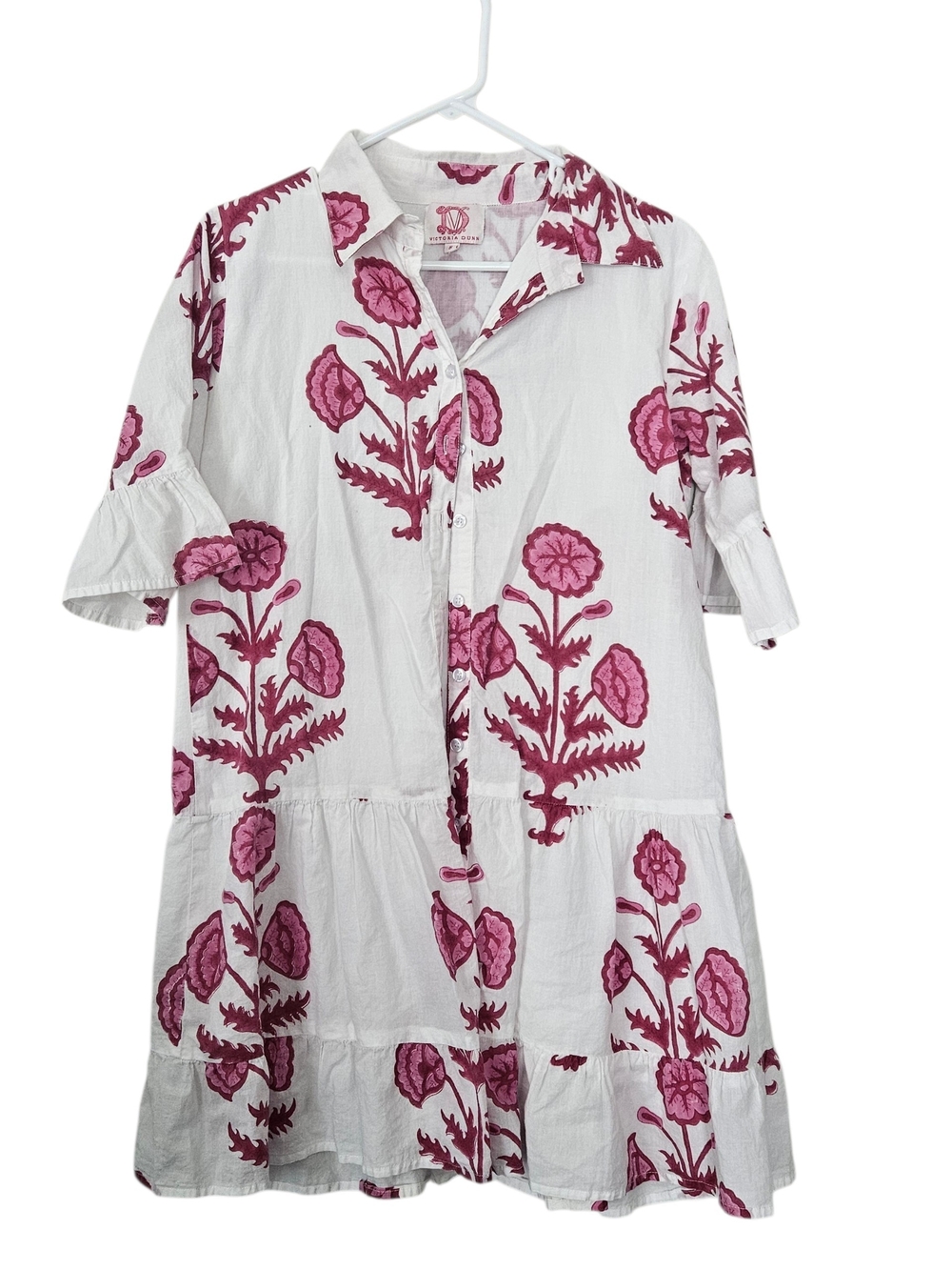 Victoria Dunn White Mini Dress Pink Floral Print Tired Size S